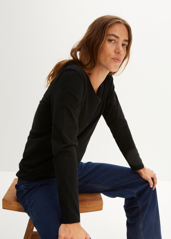 Essential Langarmshirt mit V-Ausschnitt, seamless
