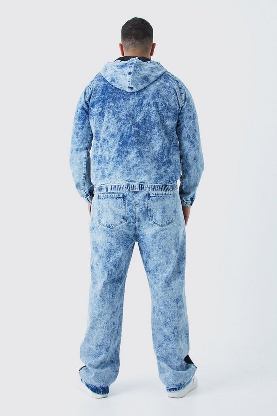 Plus Denim-Hoodie mit Acid-Waschung und Reißverschluss