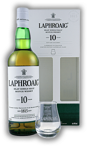 Laphroaig 10 Years + Dram Glas Laphroaig 10 Years + Dram Glas Durch den Rauch eines speziellen Torfes entsteht das einzigartige und vielfältige Aroma. Alter 10 J. - 0,7	 Liter - Vol 40%