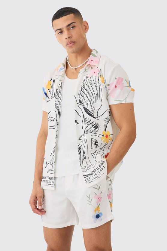 Kurzärmliges florales Satin-Hemd & Shorts