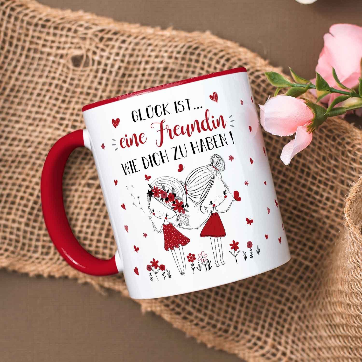 GRAVURZEILE Tasse mit Spruch Glück ist eine Freundin, - Persönliches Geschenk für Freundinnen zu verschiedenen Anlässen