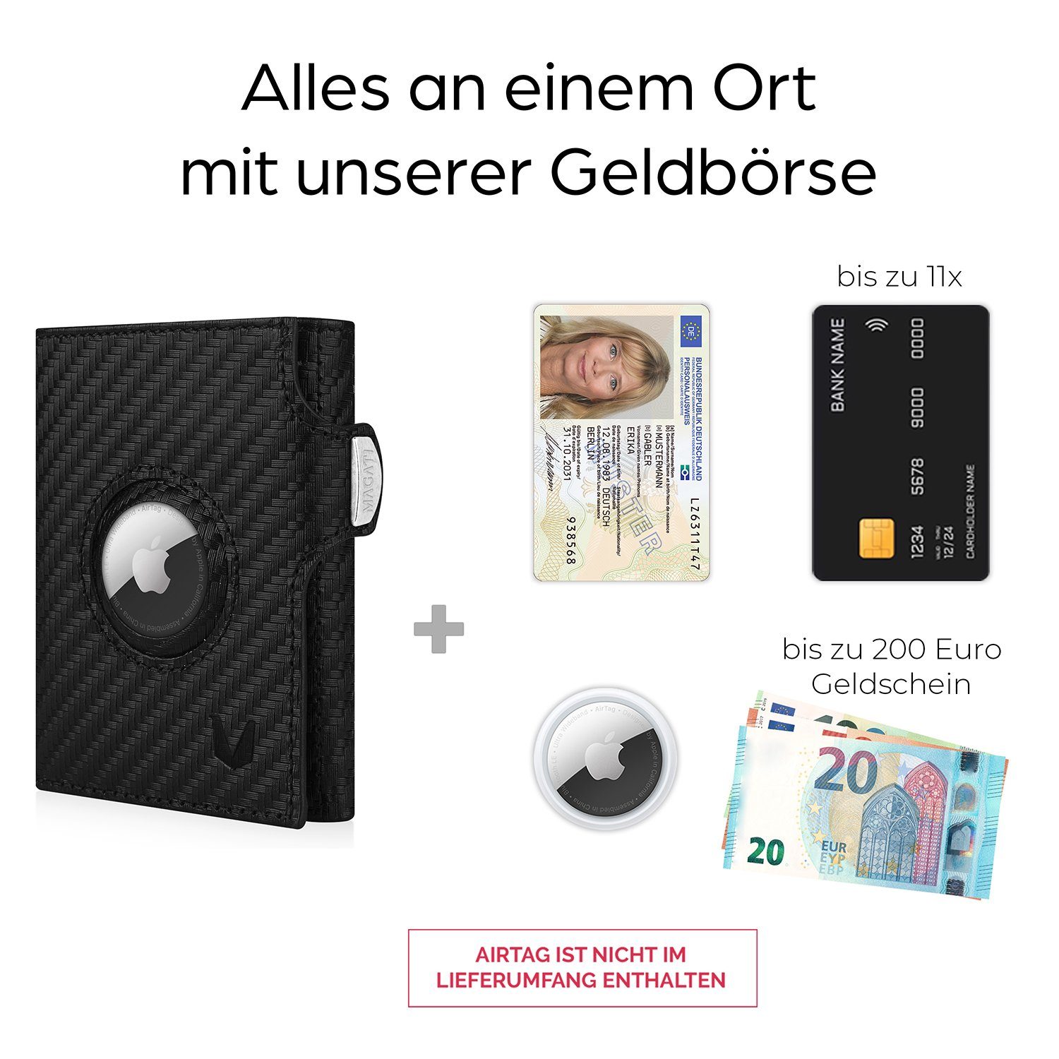 MAGATI Geldbörse aus Echtleder mit Airtag-Fach, ohne Münzfach, bis zu 11 Karten (mit Geschenkverpackung), Einkaufswagenchip-Fach, klein Wallet, Portemonnaie für Herren & Damen