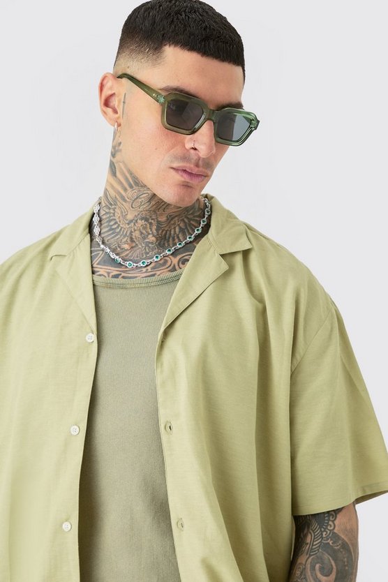 Tall Oversize Leinen-Hemd & Shorts in Sage