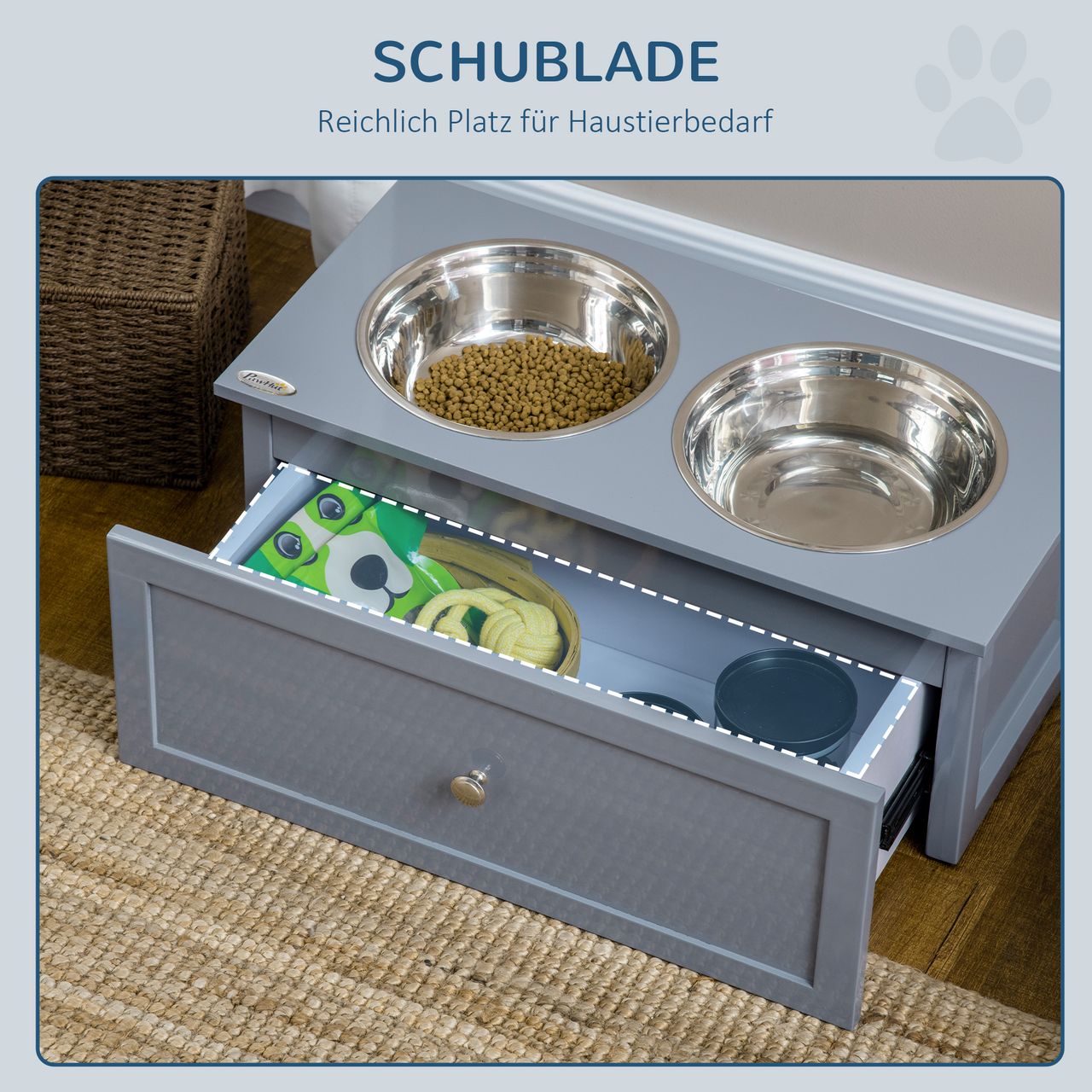 PawHut Hundenapf mit Schublade, erhöhter Hundenapf, Fressnapf aus Edelstahl