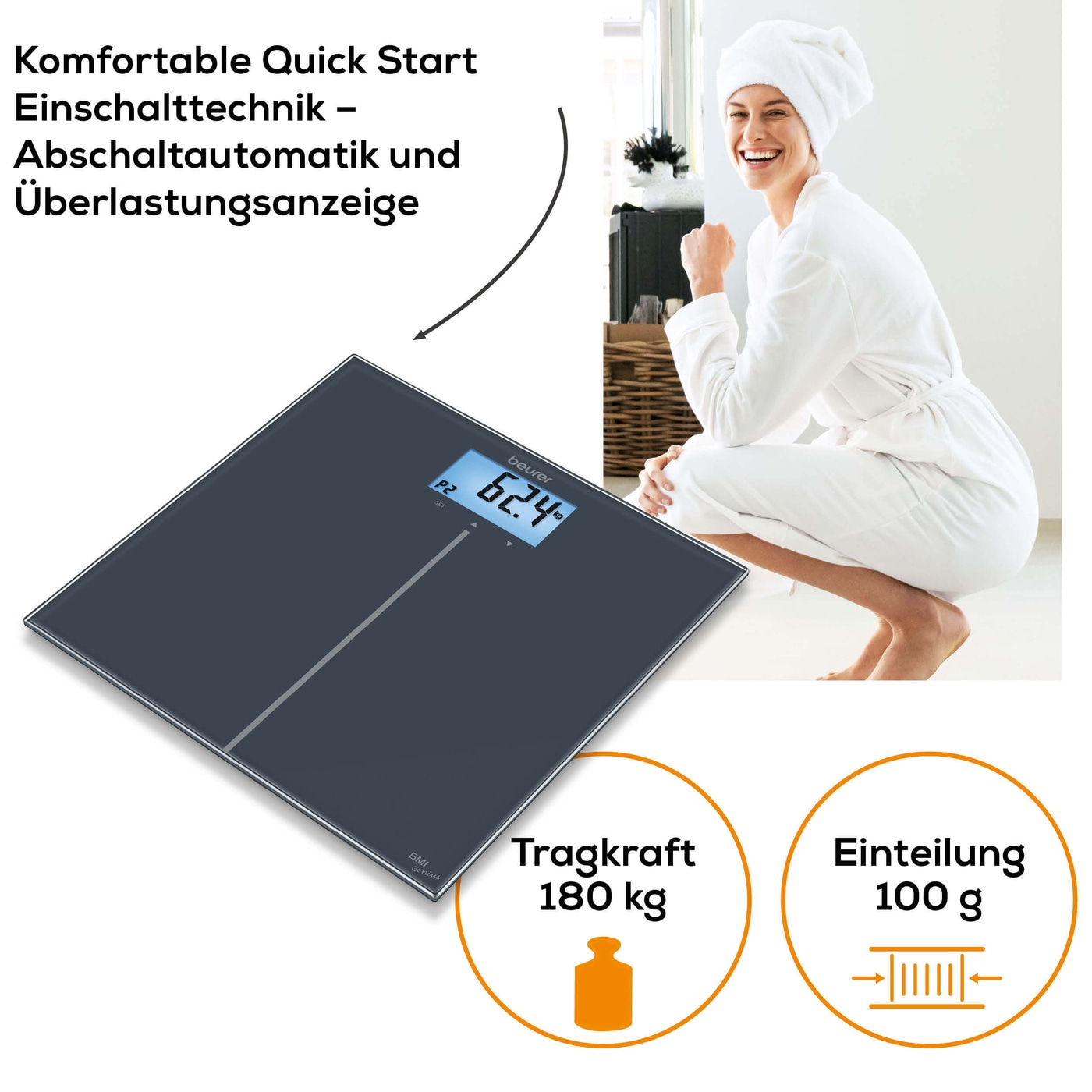 Beurer Glaswaage - GS 280 BMI Genius-Personenwaage aus Glas mit BMI Berechnung & farbigem Display - bis 180 kg