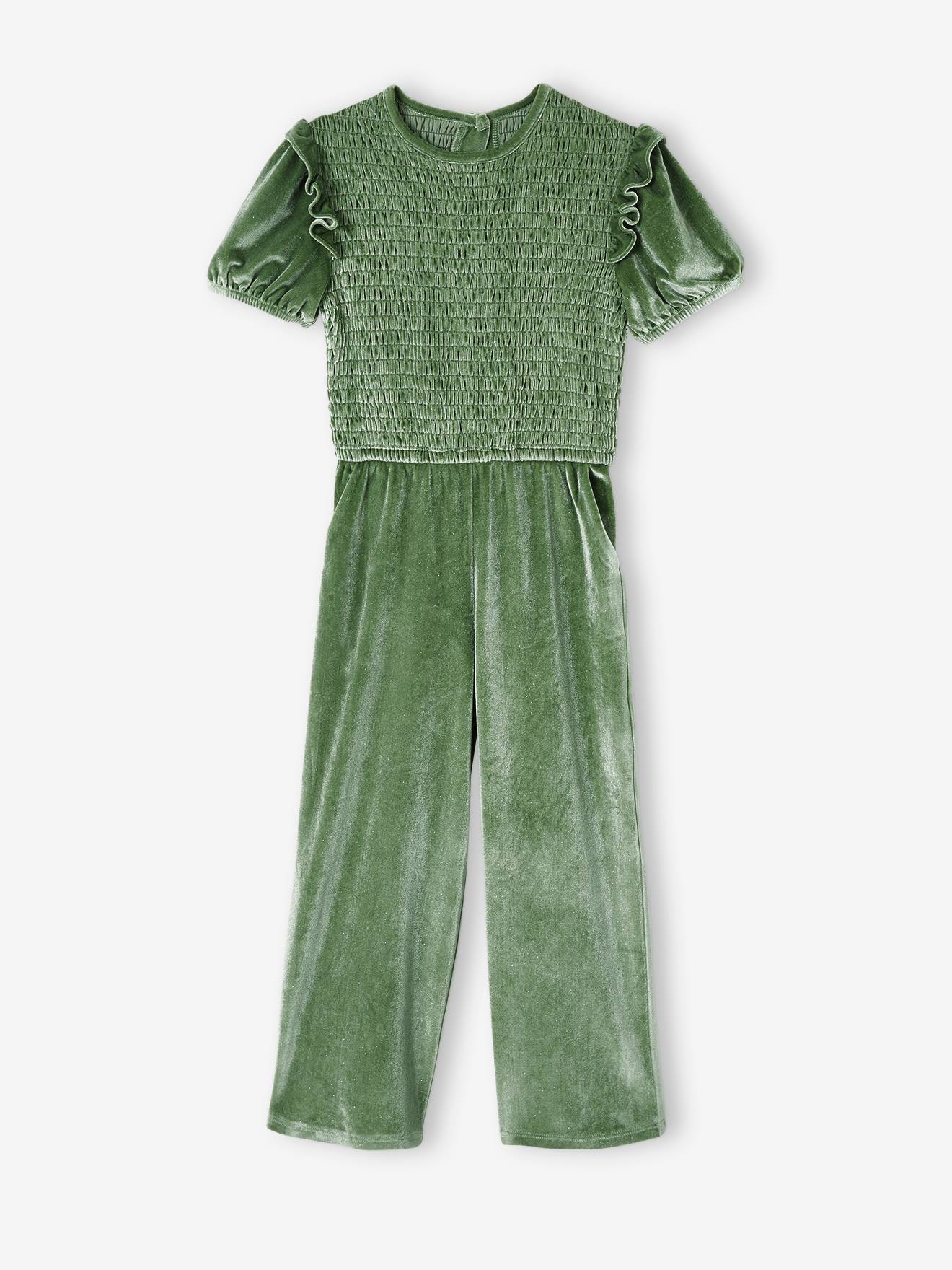 Combinaison à smocks en velours pailleté fille vert sauge