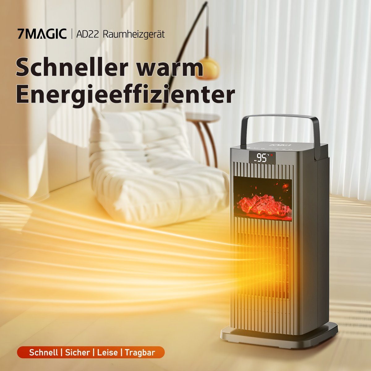 7Magic Heizlüfter Energiesparender Heizgerät 1500W Heizstrahler Leise Standheizstrahler, 1500 W, Elektro Kamin,90° Oszillierend Elektroheizung,12 Std. Timer