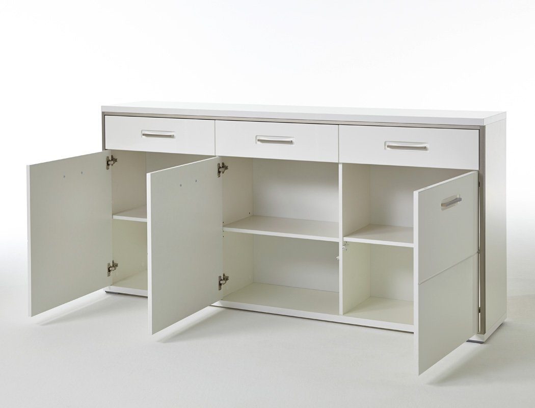 expendio Wohnzimmer-Set Travis 140, (Spar-Set, 8-St), weiß Hochglanz montiert LED + Softclose + 4x Stuhl Kunstleder schwarz