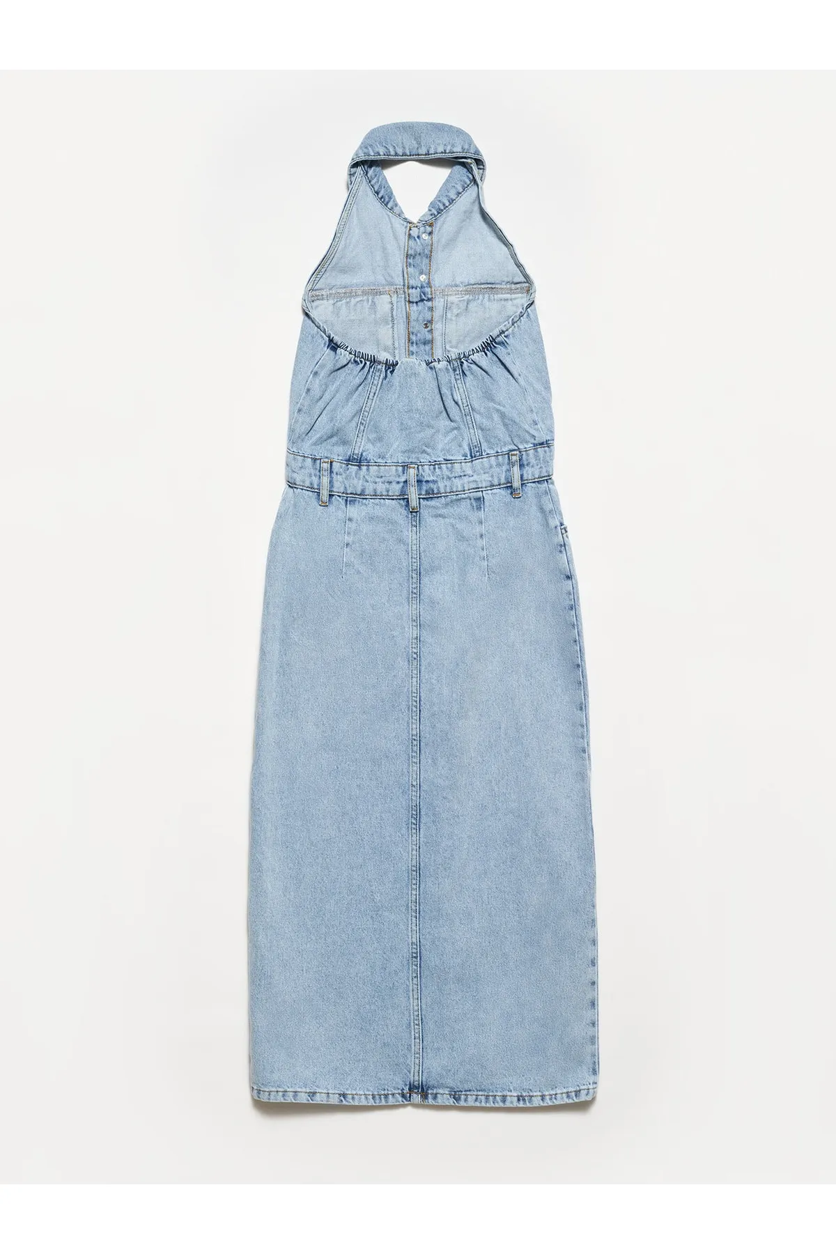 Dilvin  90514 Snow Wash-Jeanskleid mit offenem Rücken – Blau