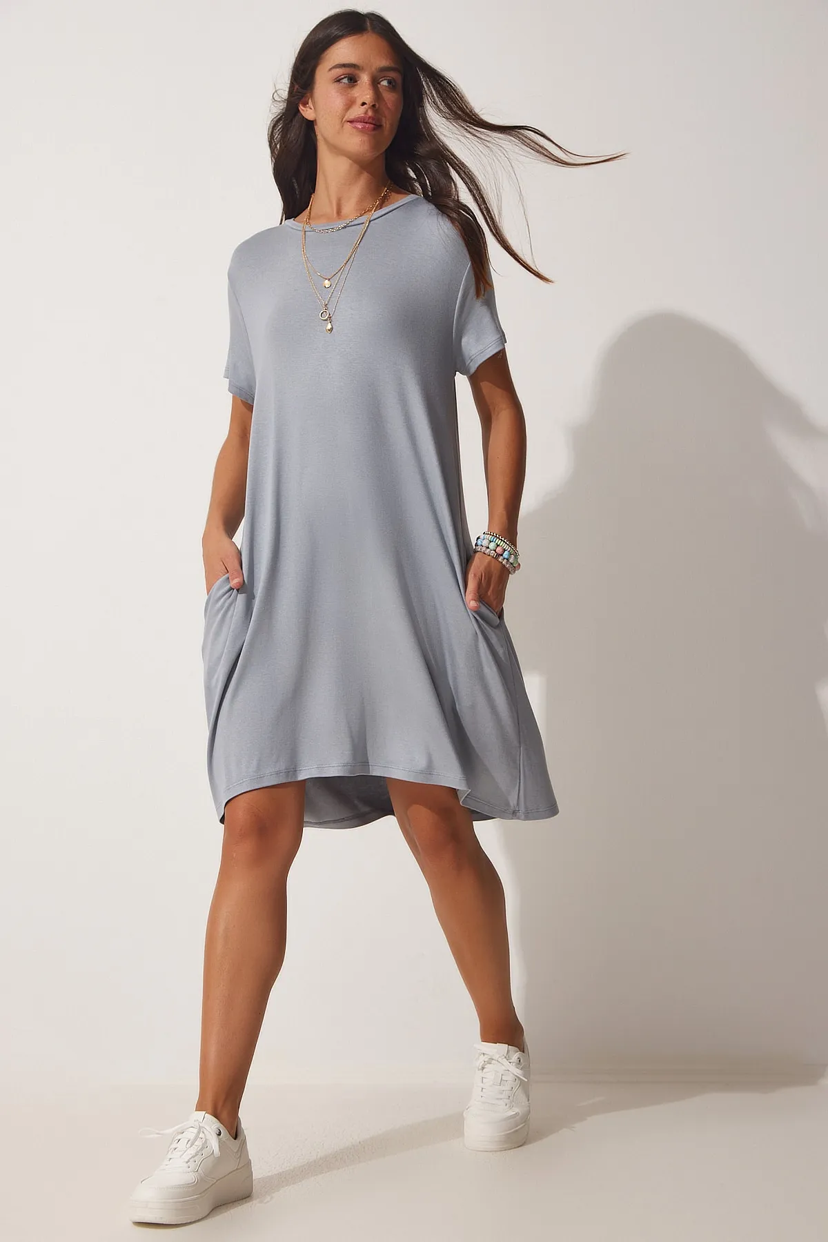 Happiness İstanbul  Steingraues A-Linien-Sommerkleid für Damen aus gekämmter Baumwolle UB00088