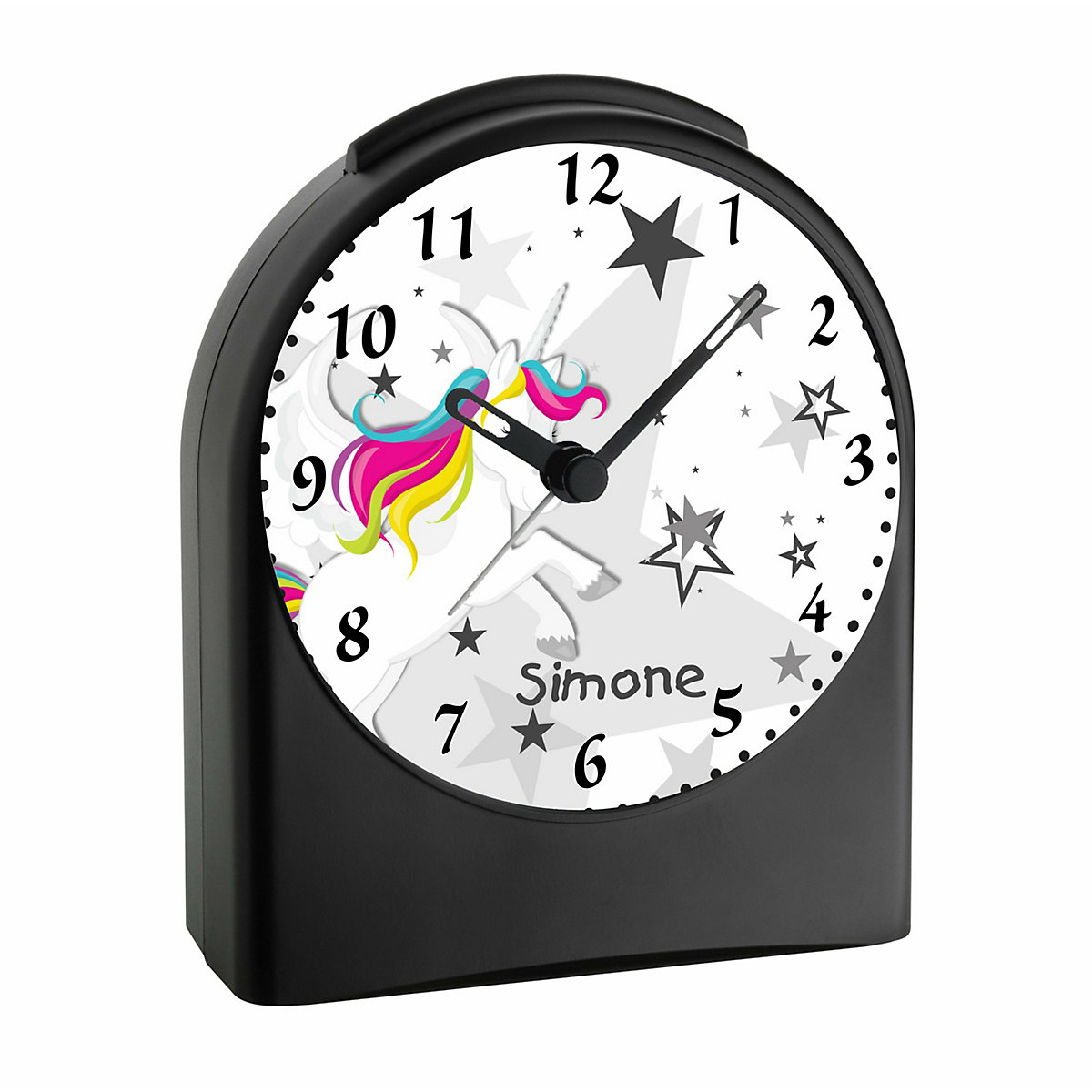 Kinder Funkwecker personalisiert mit Namen Einhorn Atom-/Funkuhr, 12-Stunden-Anzeigeformat, Schlummerfunktion, Nachtlicht, Geräuschlos/Ohne Ticken