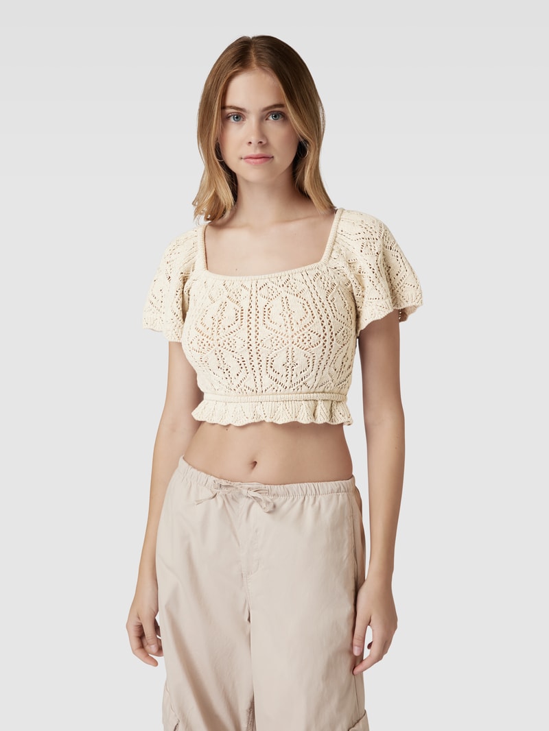 Cropped Bluse mit Häkelspitze Modell 'Mimi' in beige