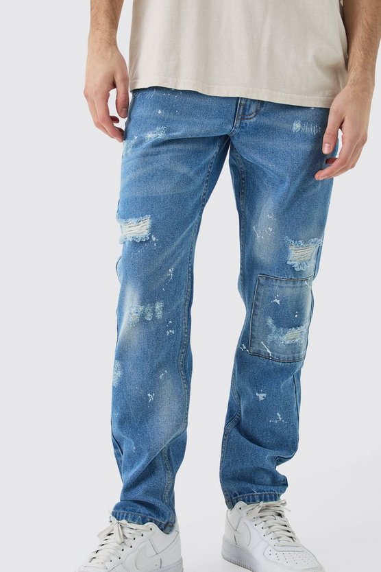 Slim-Fit Jeans mit Farbdetail und Riss am Knie