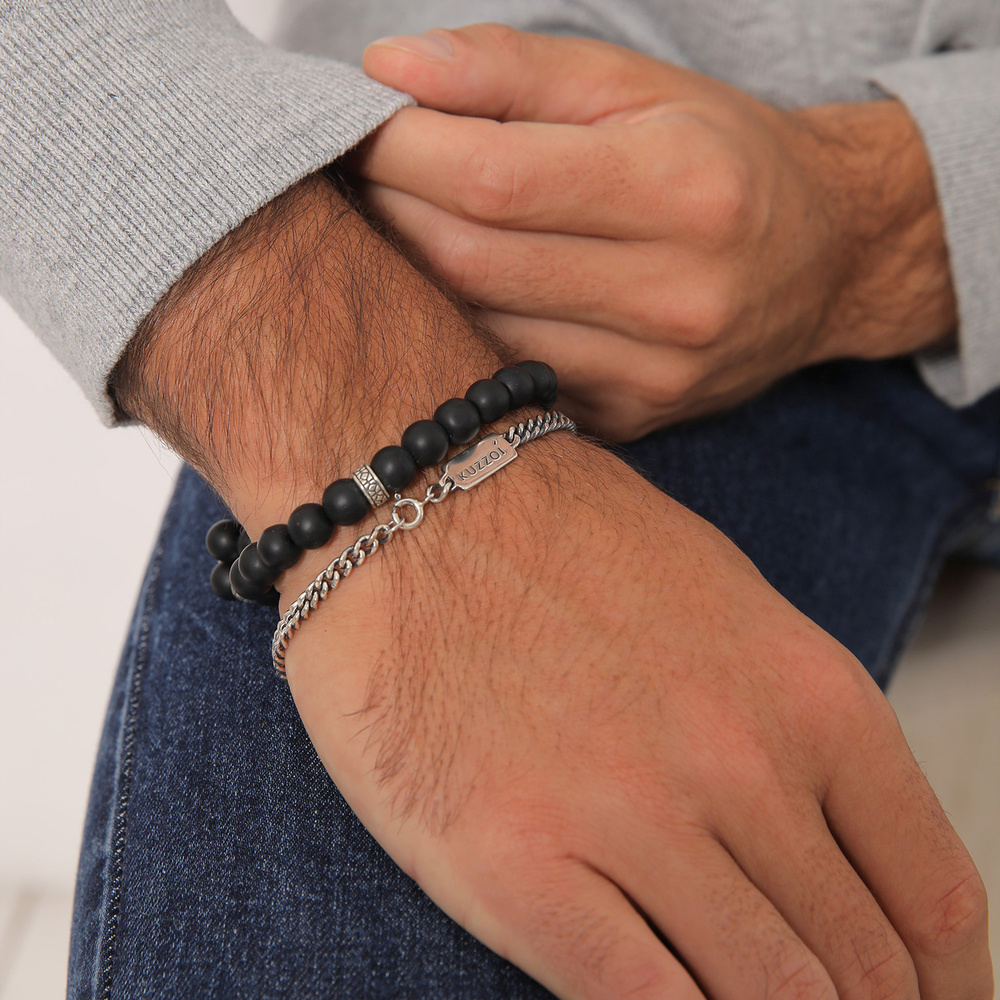 KUZZOI KUZZOI Bracelet Chaîne masculine en pierre d'onyx en 925/1000 argent massif Bracelet
