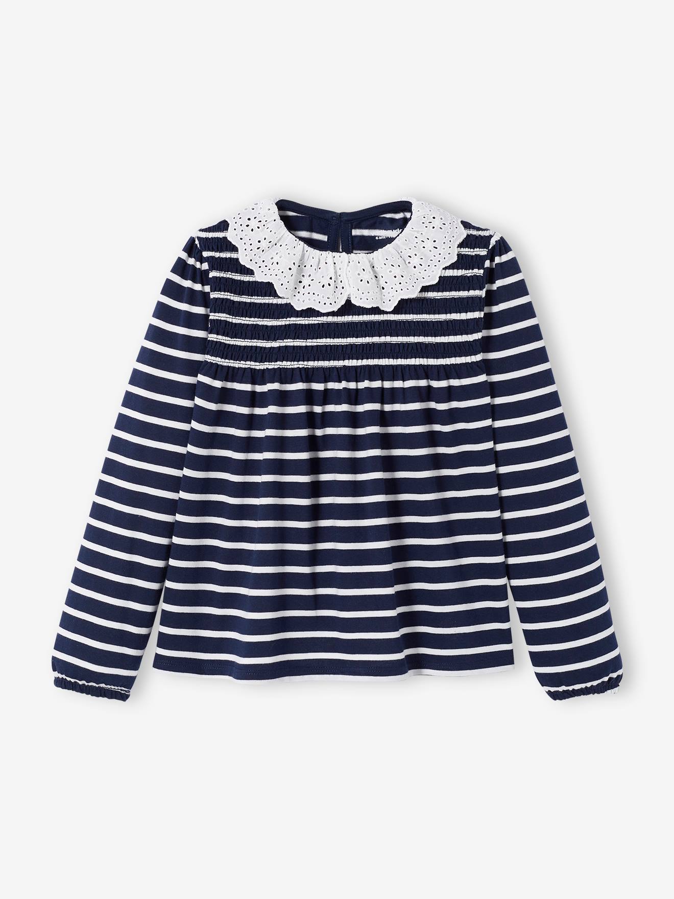 T-shirt blouse col en broderie anglaise fille marine rayé