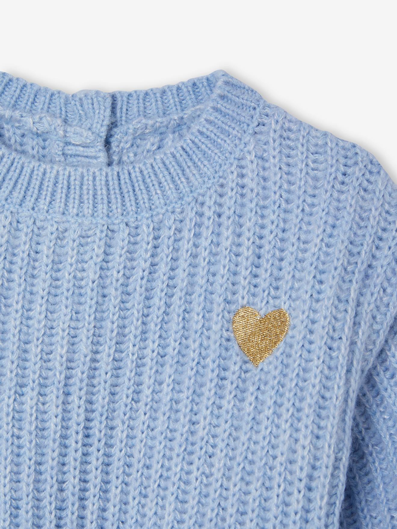 Pull tricot bébé coeur doré bleu ciel