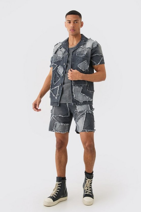 Zerrissenes Patchwork Jeanshemd in Grau