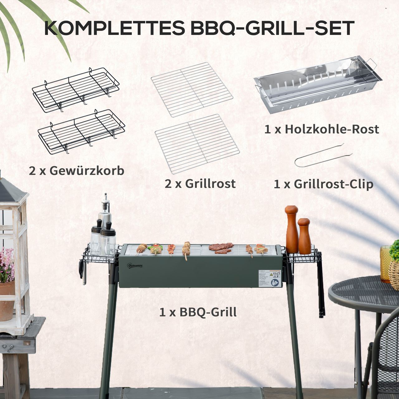 Outsunny Holzkohlegrill Anti-Rutsches Campinggrill mit Grillrost, Grillrost-Clip