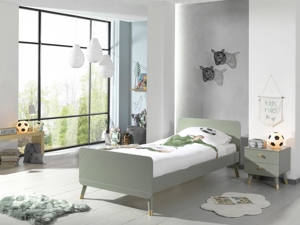 VIPACK BILLY Set best. aus: Einzelbett 90 x 200 cm, mit Lattenrost und Nachtkonsole mit 2 Schubladen, Ausführung lackiert Olive Grün