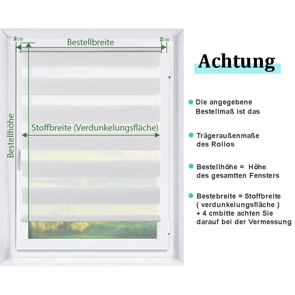 Doppelrollo Ohne Bohren, Weiß/Beige/Anthrazit, OUBO, freihängend, verspannt, Klemmfix, Klemmträger, Lichtschutz schnelle und einfache Montage mit beiliegendem