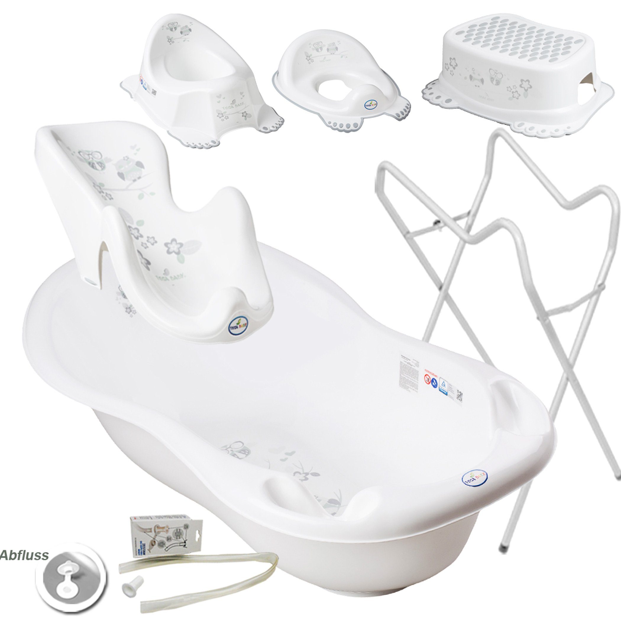 Tega-Baby Babybadewanne 6 Teile SET AB EULE + Ständer Weiß - Abflussset Baby Wanne, (Premium.set Made in Europe), Wanne+ Badesitz+ Töpfchen+ WC Aufsatz+ Hocker+ Ablauf Set+ Ständer