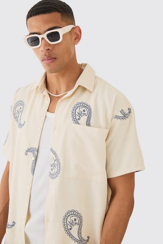 Oversize Twill-Hemd mit Paisley-Stickerei