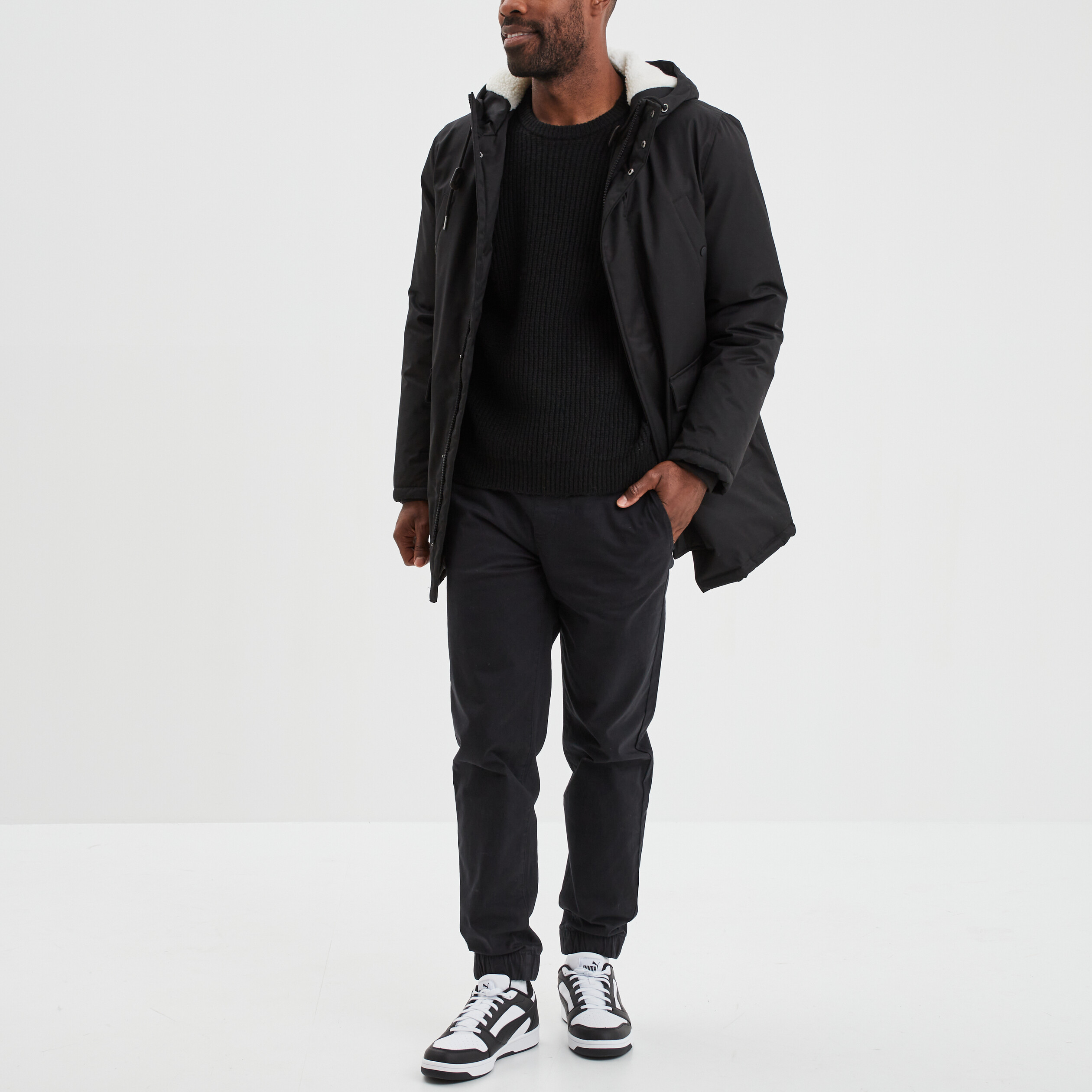 Parka mi-longue à capuche doublée noir homme | La Halle