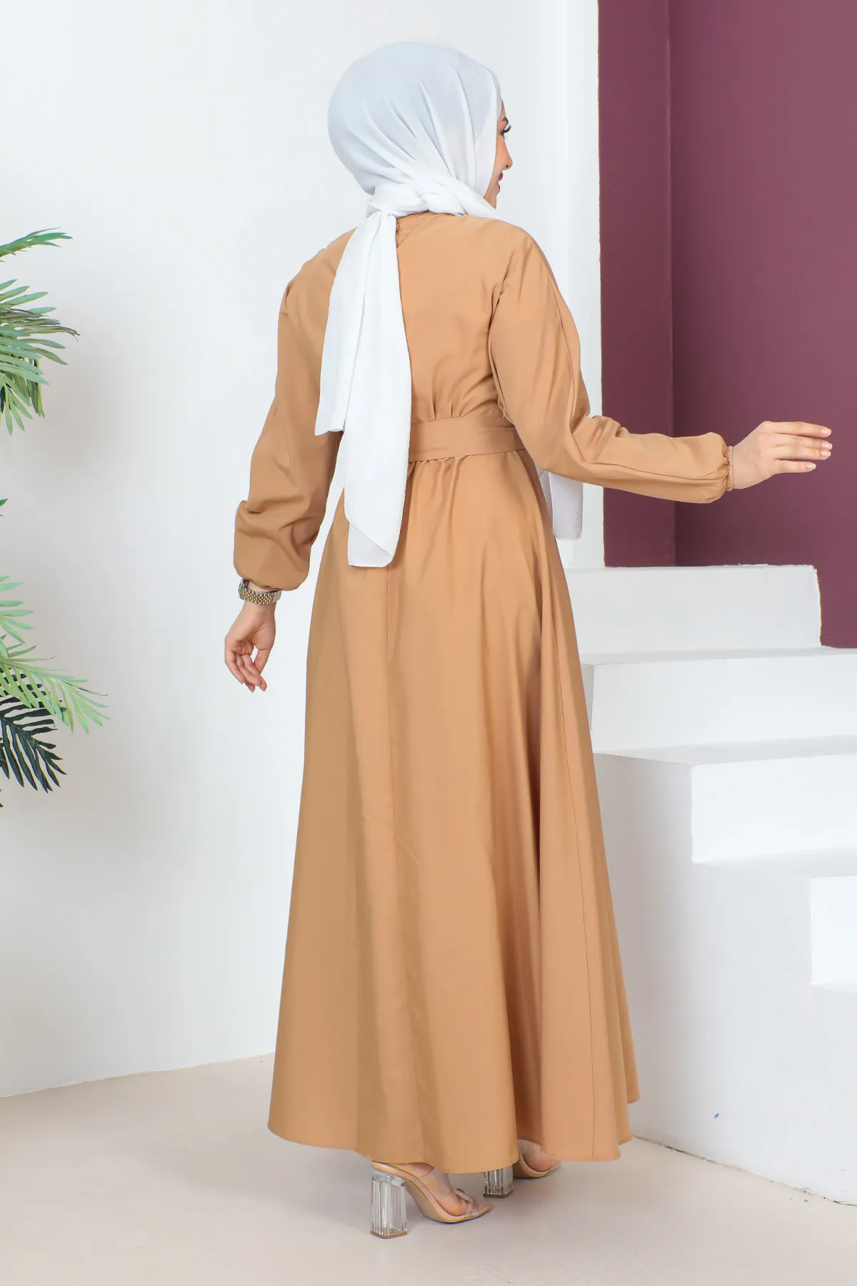 Tesettür Dünyası  Kleid mit Taillengürtel TSD230611 Kamel