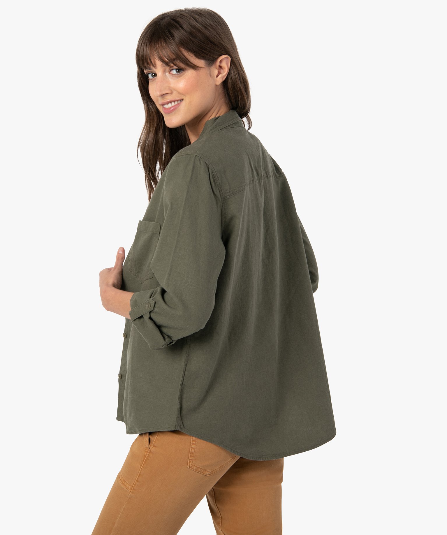 Chemise femme unie en lin et viscose kaki | GEMO