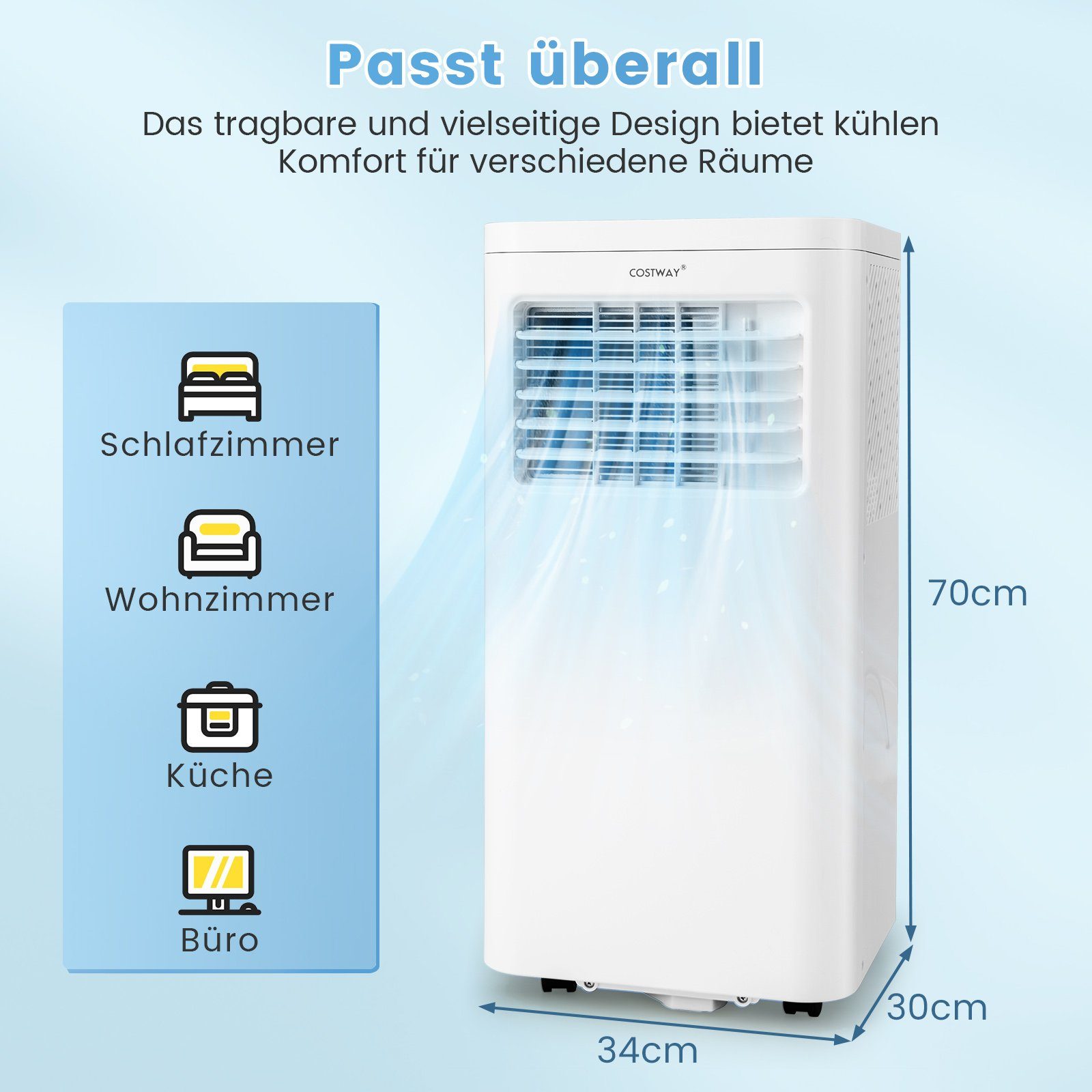 COSTWAY 3-in-1-Klimagerät, 9000BTU/2,75kW, für 75m³, Fernbedienung, 16℃-32℃