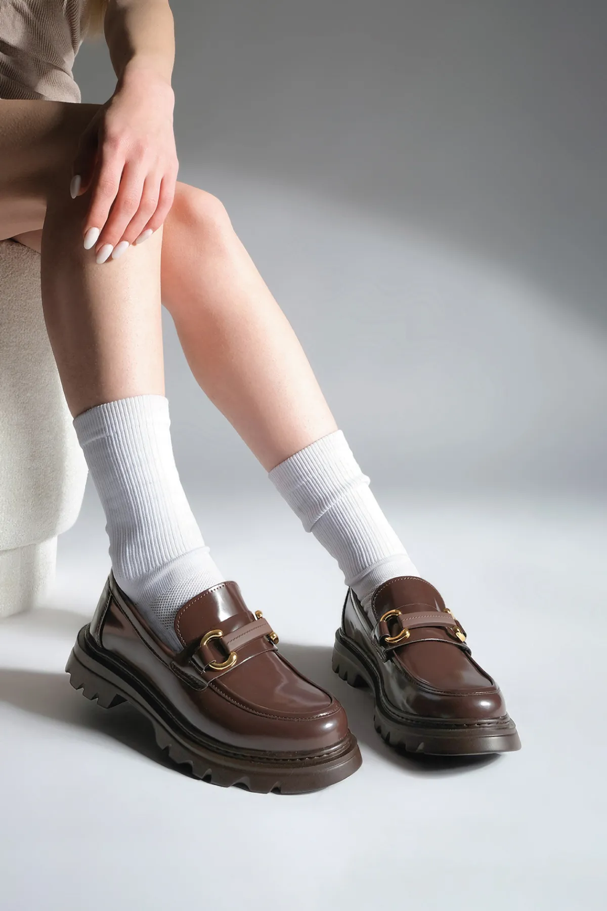 Marjin  Damen-Loafer mit hoher Sohle und Schnalle, Freizeitschuhe, Kinles, Braun