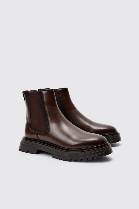 Braune PU Chelsea-Stiefel mit klobiger Sohle