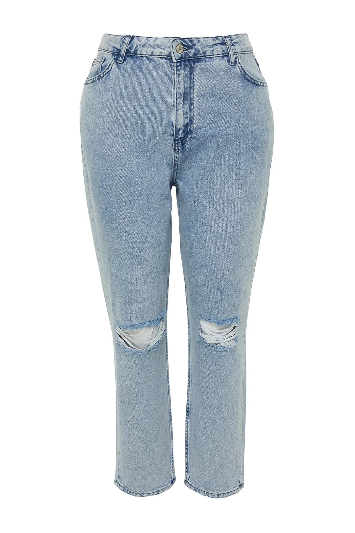 Trendyol Curve  Hellblaue Mom-Fit-Jeans mit hoher Taille und detailliertem Destroyed-Effekt TBBSS23CJ00019