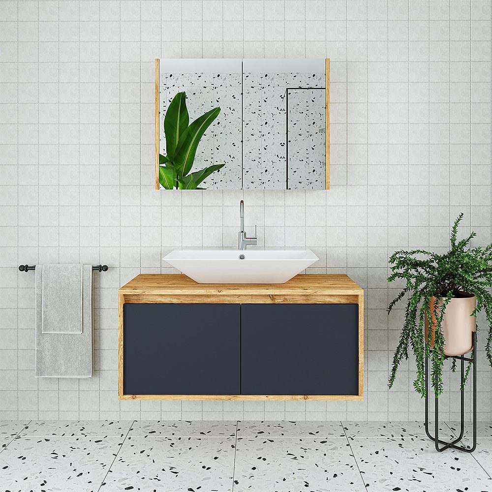 Roomart Badmöbel-Set, (Badmöbel Set 3-teilig 100cm Unterschrank mit Waschbecken Spiegelscrank)