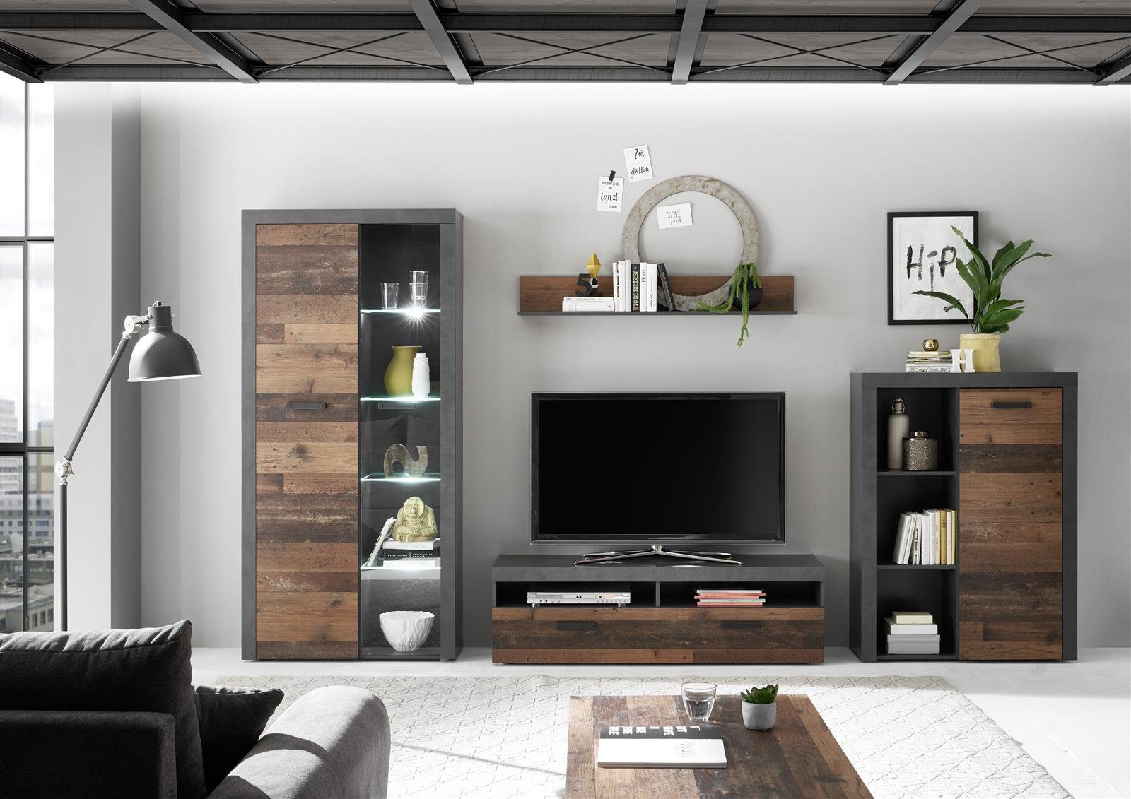 möbelando Wohnwand Johannes, (4-St), Moderne Wohnwand aus Spanplatte, Korpus in Matera, Front in Old Style Dunkel Nachbildung bestehend aus 1 Vitrine, 1 Highboard, 1 TV-Lowboard und 1 Wandboard. LED-Beleuchtung inklusive. Stellmaß ca. Breite 340 cm,