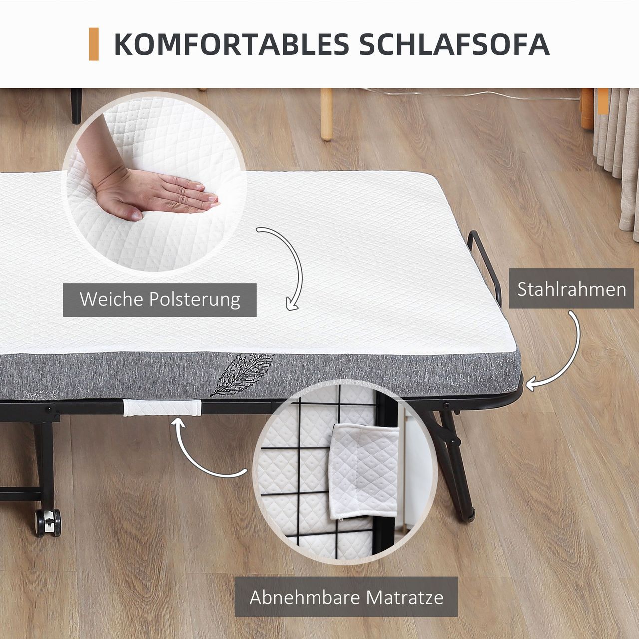 HOMCOM Gästebett 2-in-1 Klappbett mit Rollen klappbar Stahl Schaumstoff