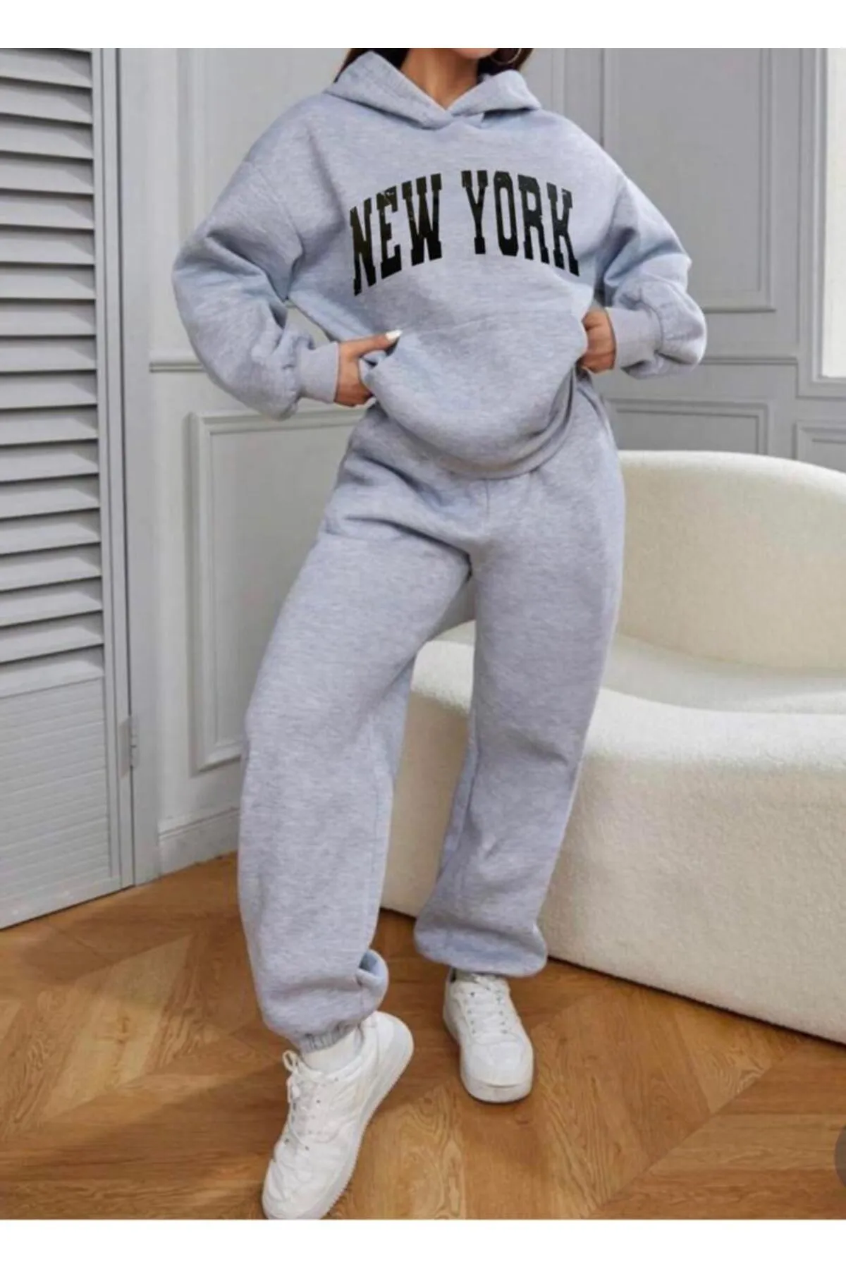 My Blog  Graues New York-Trainingsanzug-Set mit Kapuze und Übergröße für Damen