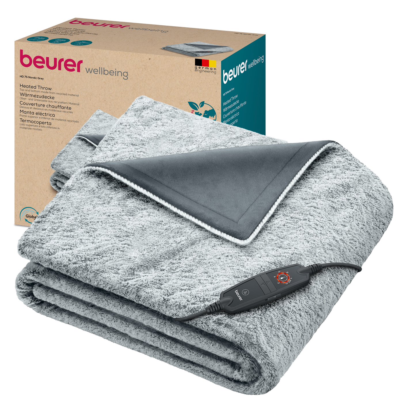 Beurer HD 75 Nordic Grey Green Planet Wärmezudecke-Atmungsaktive Kuschel-Heizdecke in trendigem Grau mit anschmiegsamer Ober- und Unterseite aus 100 % recycletem Material