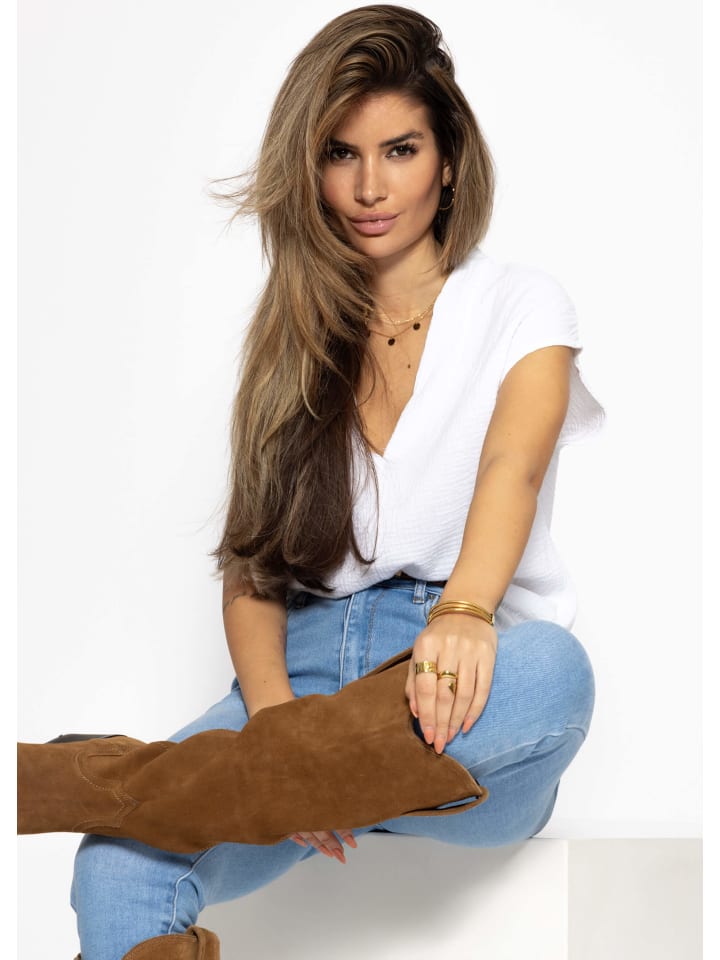 SASSYCLASSY Musselin Shirt mit V-Ausschnitt in Offwhite günstig kaufen