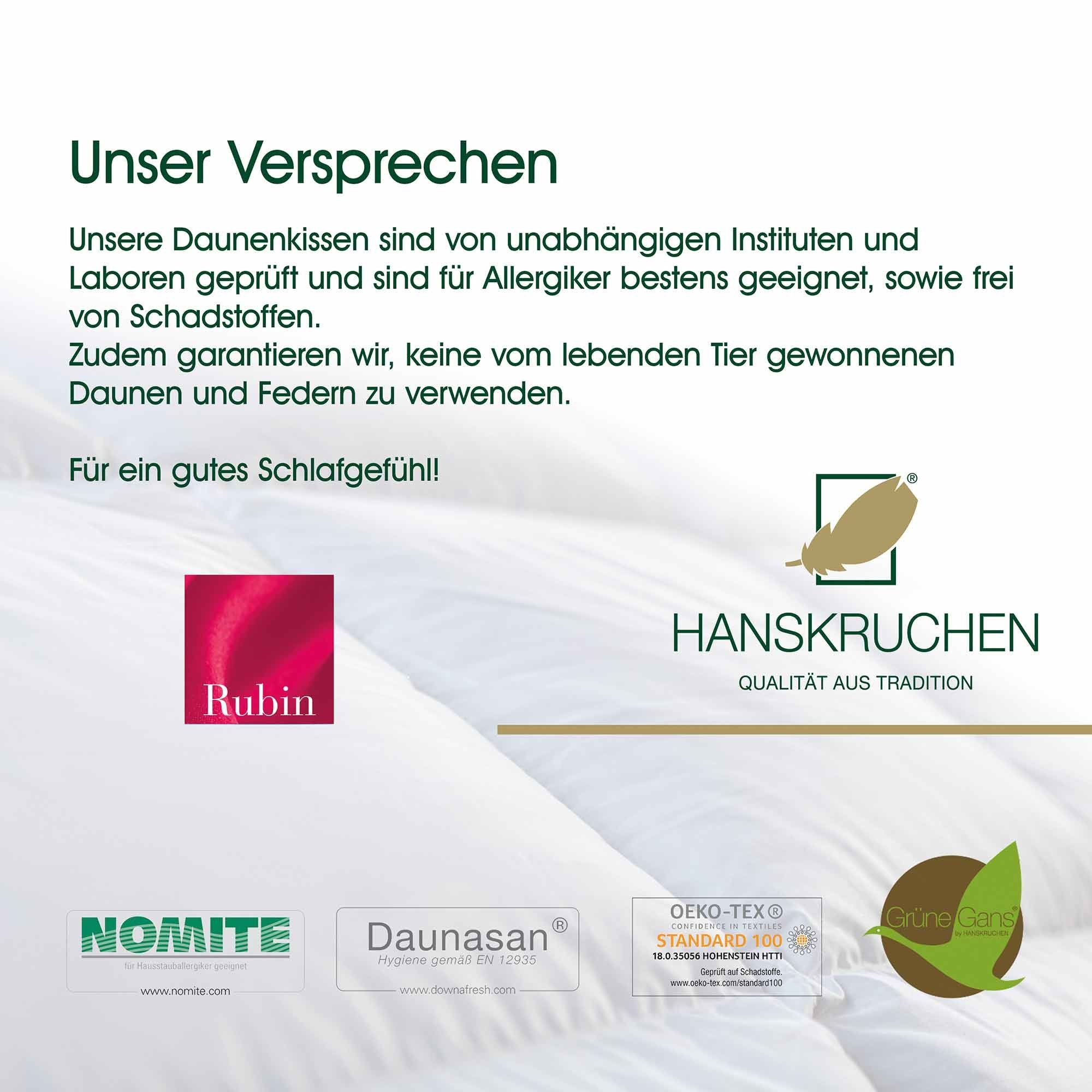 Daunenkissen Rubin, HANSKRUCHEN, Füllung: 85% Federchen, 15% Daunen, Bezug: 100% Baumwolle, Fest 80x80 cm, hergestellt in Deutschland, durch das Institut Wessling