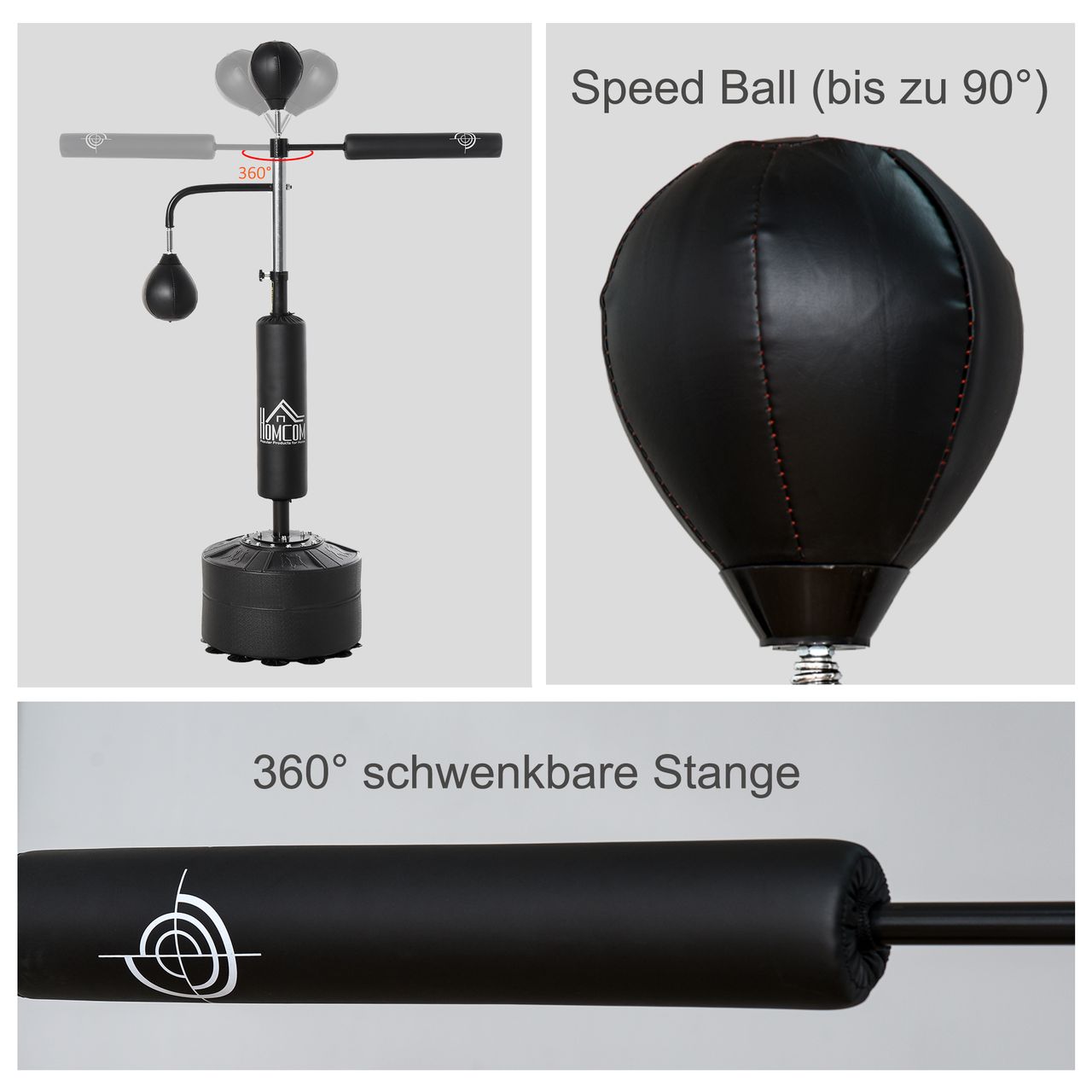 HOMCOM Boxstand Standbox-Trainer mit 2 Speedbällen 360°-Reflexstange 160-230cm höhenverstellbar