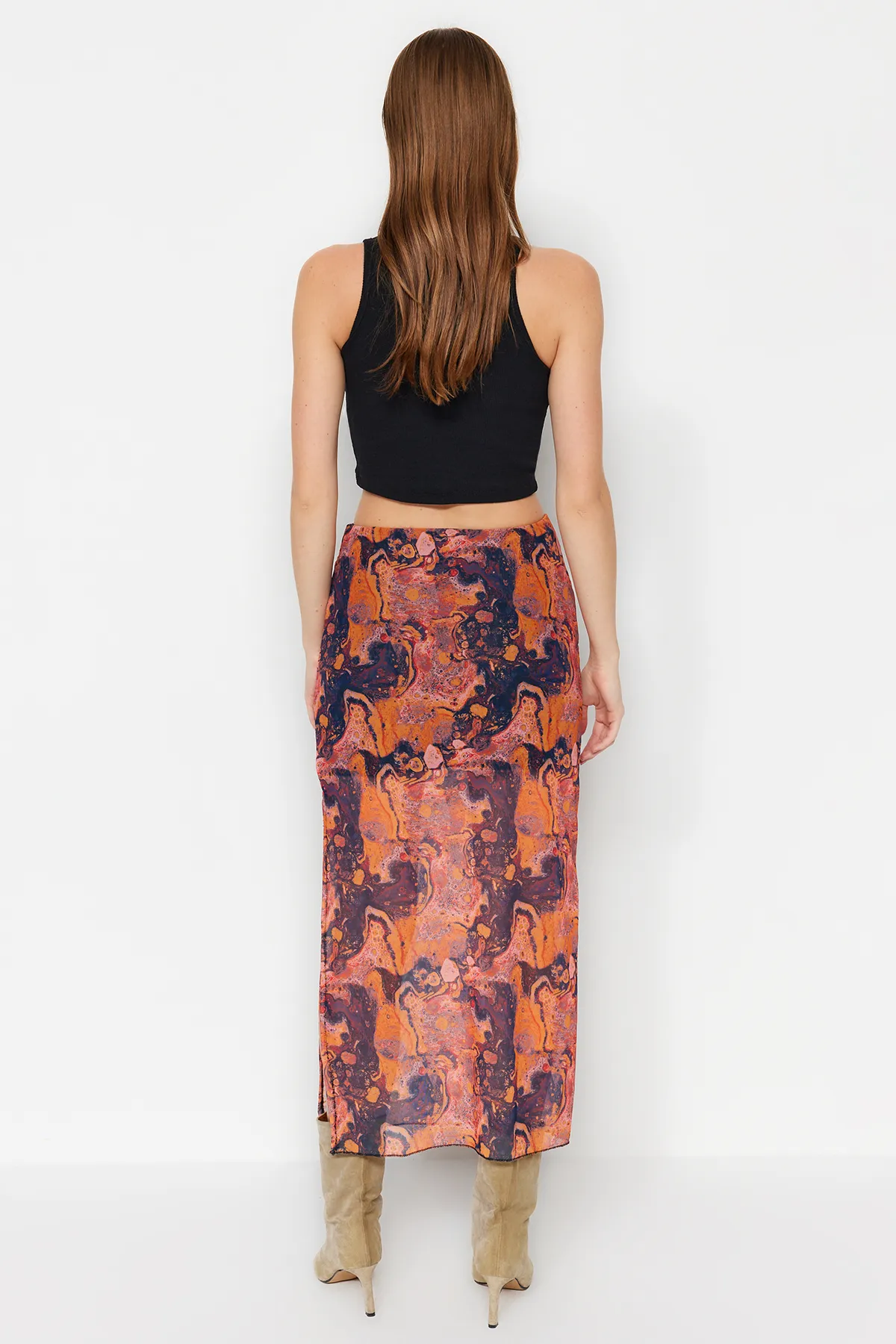 Trendyol Collection  Orange gemusterter Maxi-Tüllrock mit Spitzendetail und Stretch-Strick TWOSS23ET00369