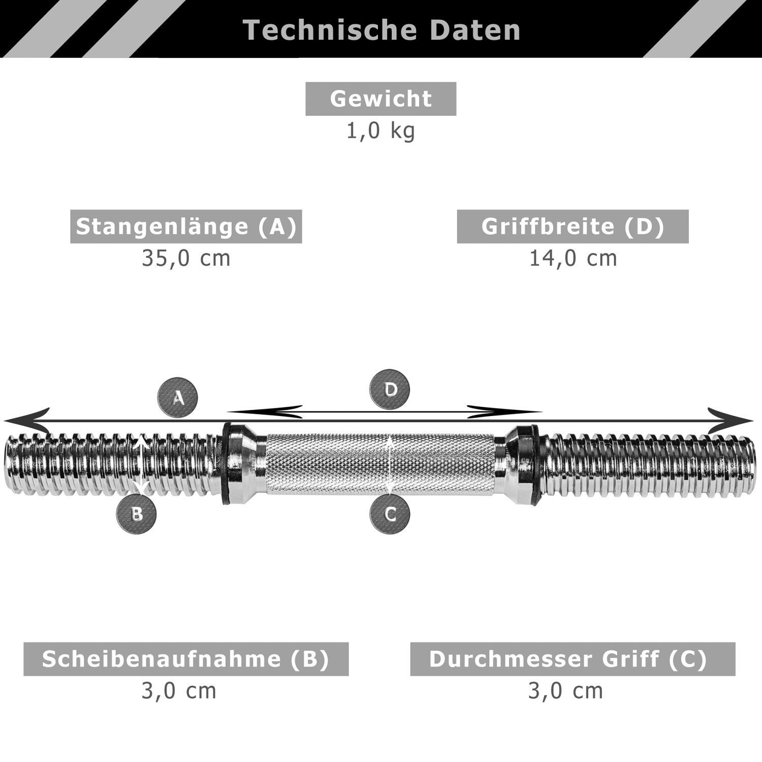 MOVIT Kurzhantelstange Movit® Kurzhantelstange, einzeln oder als 2er Set, verchromtem Stahl, 35,00 cm (1-tlg), 35 x Ø 3 cm STANDARDNORM, Gewicht ca. 2 kg, verchromt & gerändelt