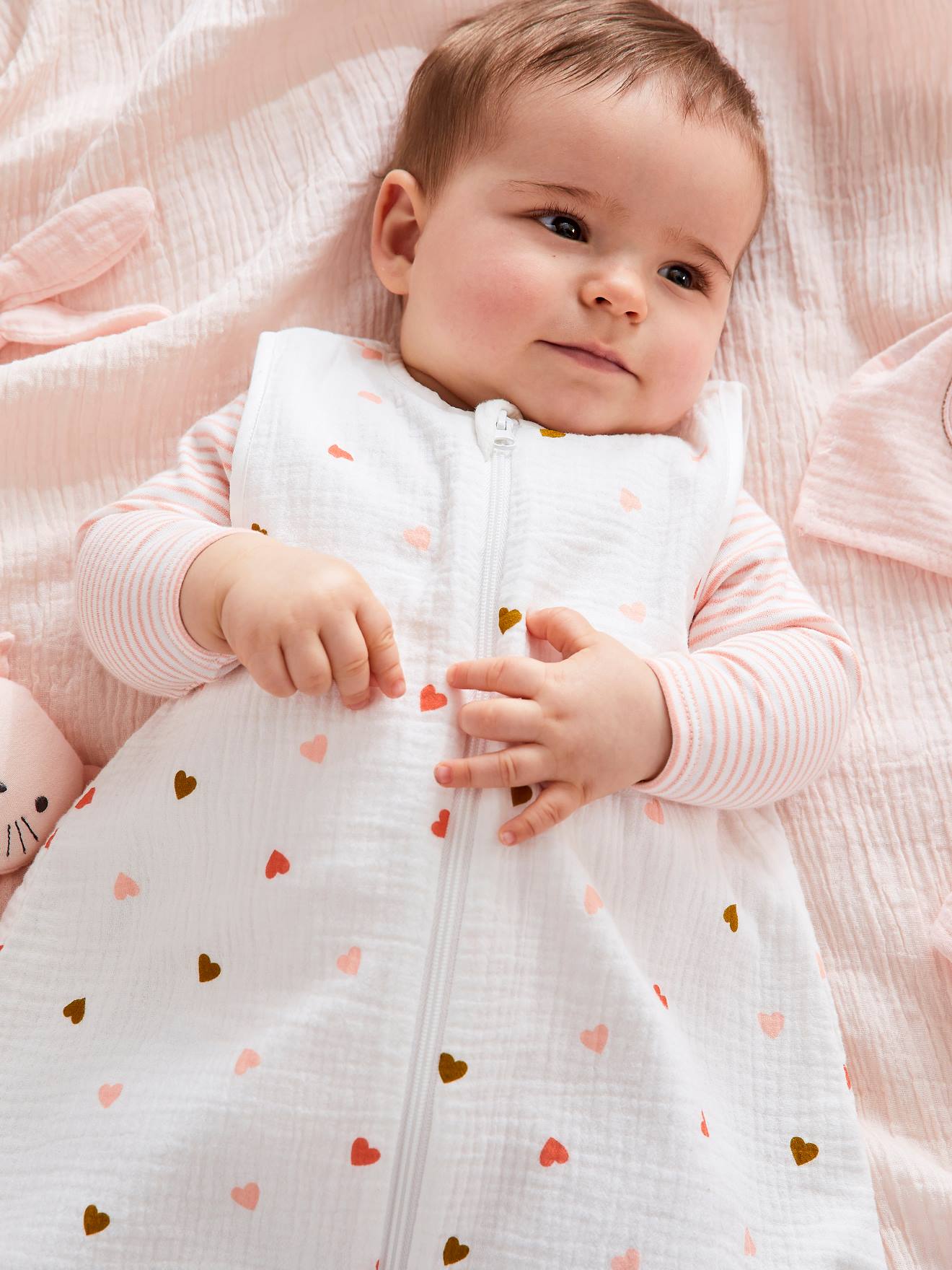 Vertbaudet Baby Sommerschlafsack KLEINE HERZEN aus Musselin Oeko-Tex personalisierbar - wollweiß herzen