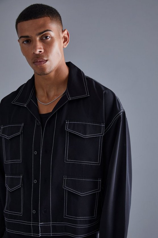 Langärmlige kastige Twill-Jacke mit Kontrast-Naht & Cargo-Hose