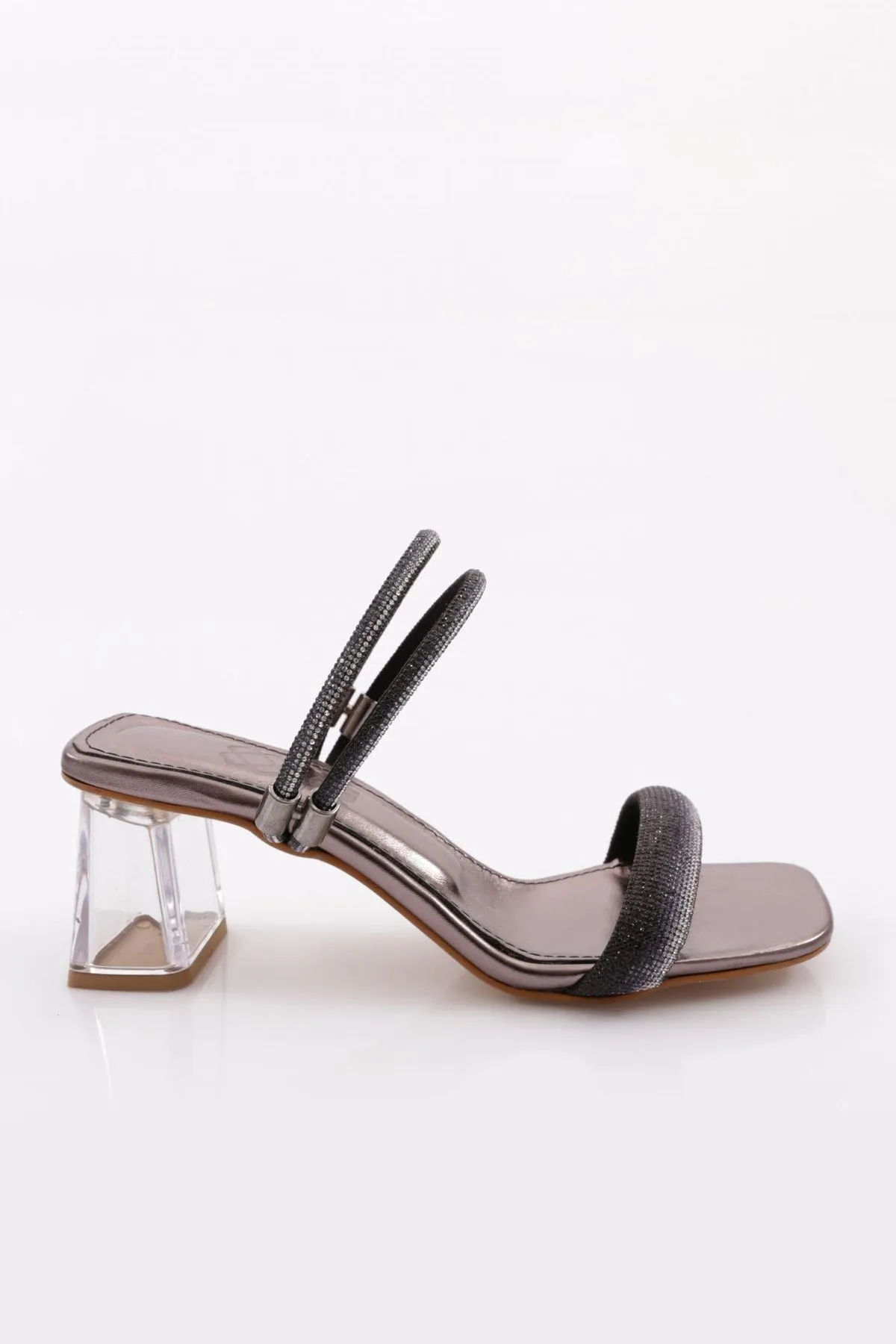 DGN  Transparente Sandalen mit quadratischer Zehenpartie und Absatz für Damen - Platin Metallic