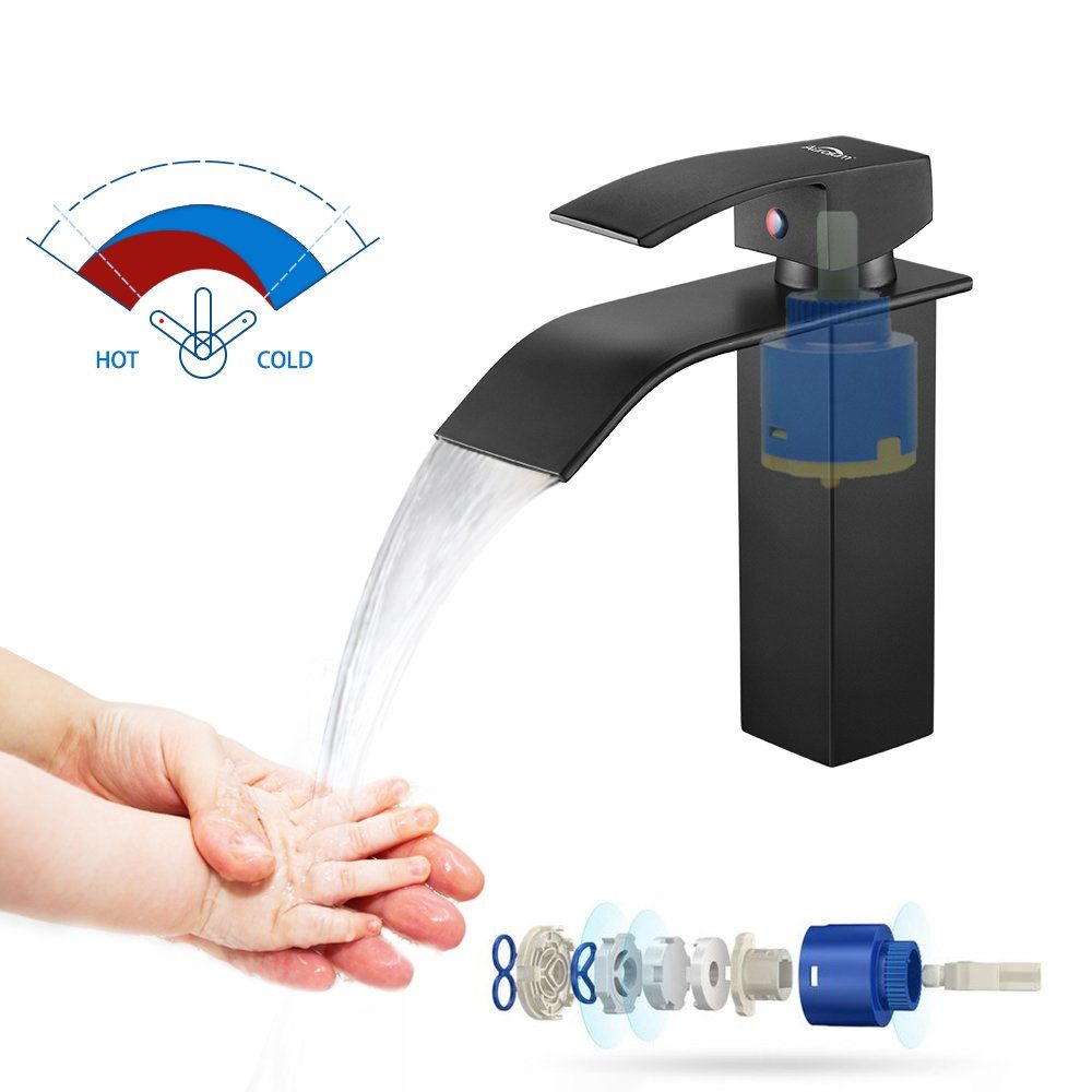 Auralum Waschtischarmatur Schwarz Wasserfall Wasserhahn Bad Waschbecken Armatur Badarmatur Mischbatterie, Gesamthöhe: 183 mm