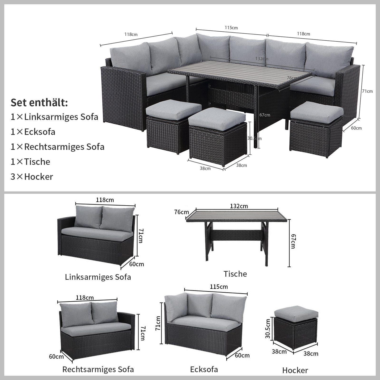 MeXo von GLP HOME Loungeset Gartenmöbel Set sale aus Polyrattan, Gartenloungeset, Sitzgruppe, (Gartengarnitur, Loungeset mit Kissen, 2-Sitzer, Ecksofa, Esstisch, 3 Hocker), Sitzgarnitur Terassenmöbel wetterfest für 6-10 Personen