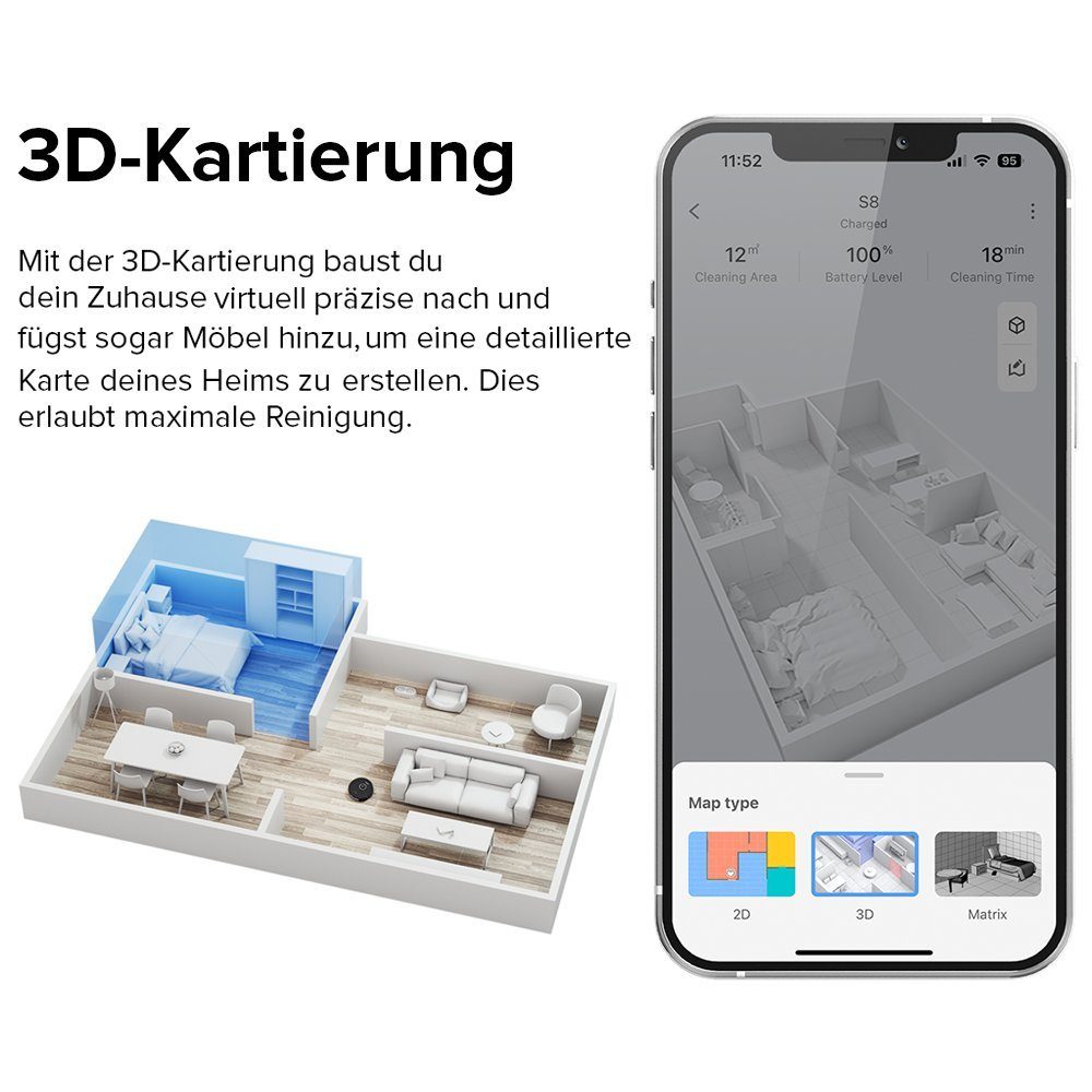 Roborock Saugroboter S8 mit 2pcs Mop, 69,00 W, 6000Pa, DuoRoller-Bürste, VibraRise Wischen, 3D-Mapping, Reactive 3D-Hindernisumgehung, Upgrade von Roborock S7, S7 MaxV Ultra
