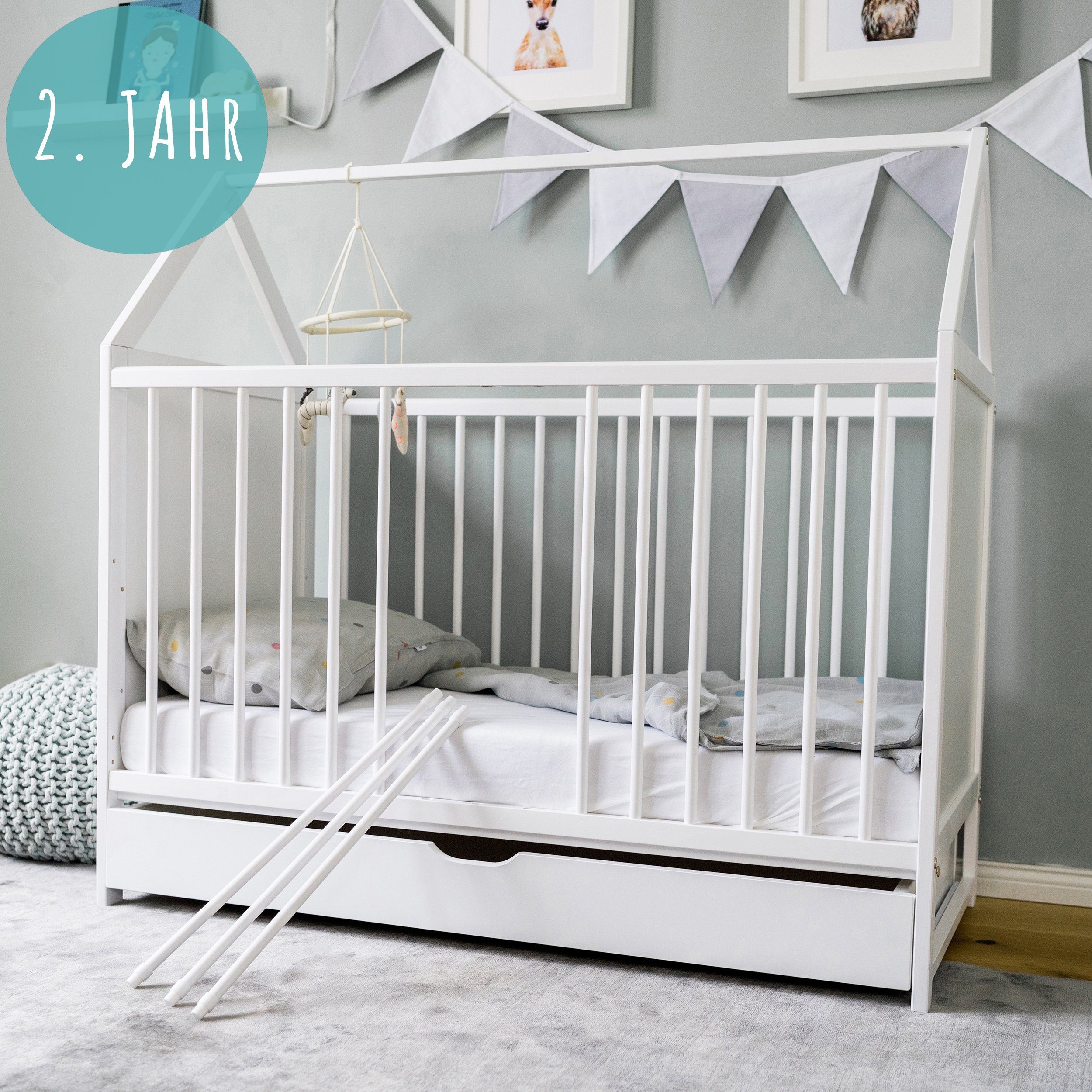 Kids Collective Babybett 60x120 cm Beistellbett Kinderbett und Hausbett, mit Schublade, vielfältig umbaubar zu Juniorbett, Kiefernholz, optional mit Matratze